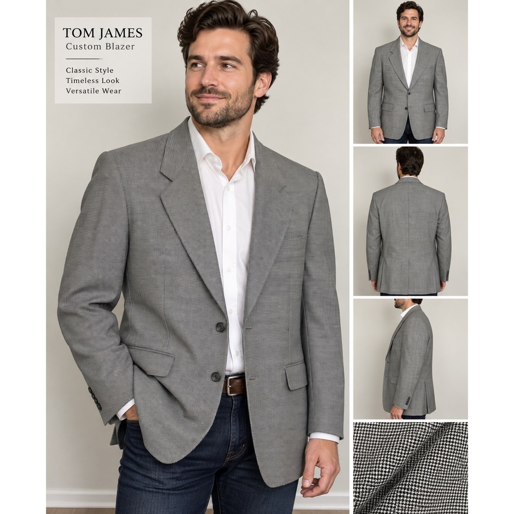 Tom James Mens Custom Blazer Sport Coat Gray Black Micro Check 2 Button